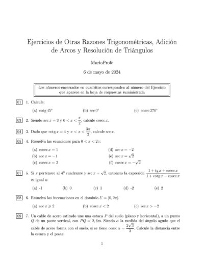 Ejercicios Resueltos de Otras Razones Trigonométricas: Guía 1 MarioProfe