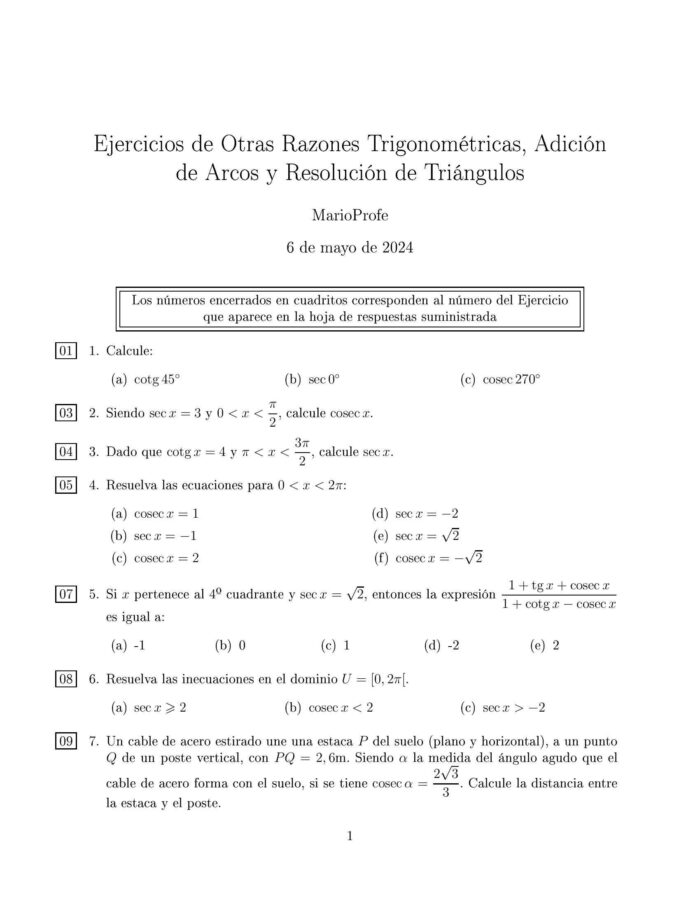 Ejercicios Resueltos de Otras Razones Trigonométricas: Guía 1 MarioProfe