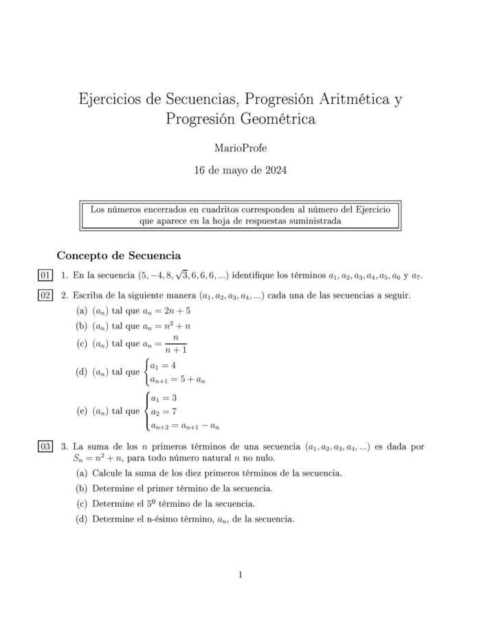 Ejercicios Resueltos de Secuencias Progresión Aritmética y Progresión Geométrica: Guía 1 MarioProfe