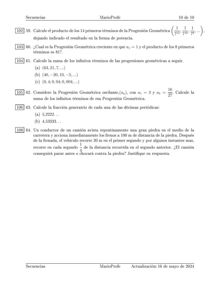 Ejercicios Resueltos de Secuencias Progresión Aritmética y Progresión Geométrica: Guía 10 MarioProfe