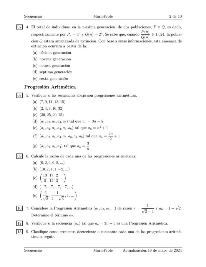 Ejercicios Resueltos de Secuencias Progresión Aritmética y Progresión Geométrica: Guía 2 MarioProfe