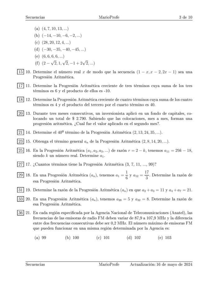 Ejercicios Resueltos de Secuencias Progresión Aritmética y Progresión Geométrica: Guía 3 MarioProfe