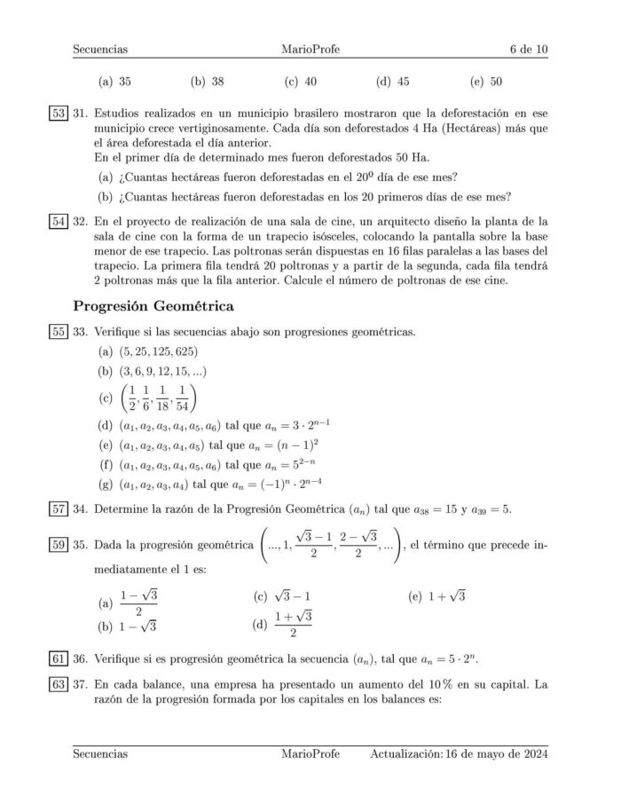 Ejercicios Resueltos de Secuencias Progresión Aritmética y Progresión Geométrica: Guía 6 MarioProfe