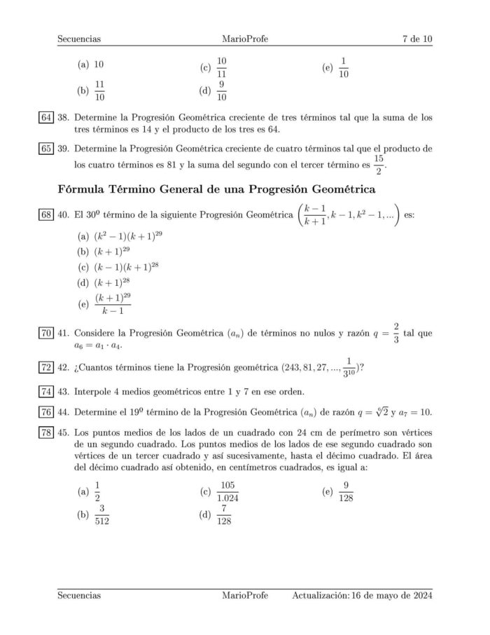 Ejercicios Resueltos de Secuencias Progresión Aritmética y Progresión Geométrica: Guía 7 MarioProfe