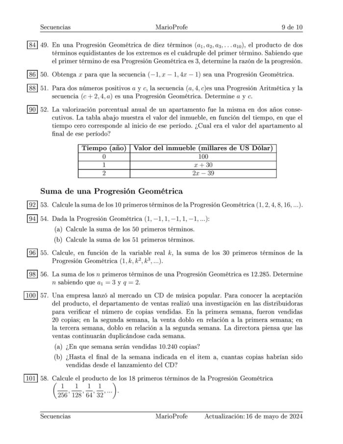 Ejercicios Resueltos de Secuencias Progresión Aritmética y Progresión Geométrica: Guía 9 MarioProfe