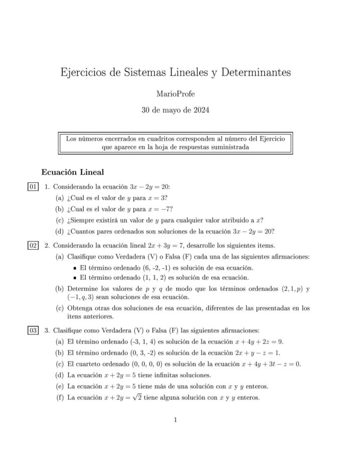 Ejercicios Resueltos de Sistemas Lineales y Determinantes: Guía 1 MarioProfe