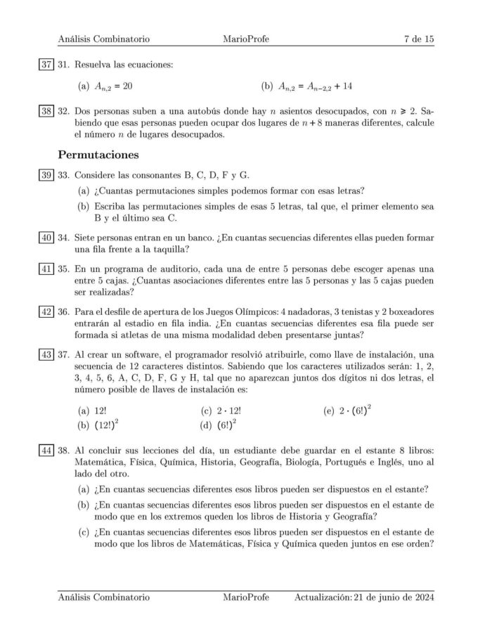 Ejercicios Resueltos de Análisis Combinatorio Guía 7 MarioProfe