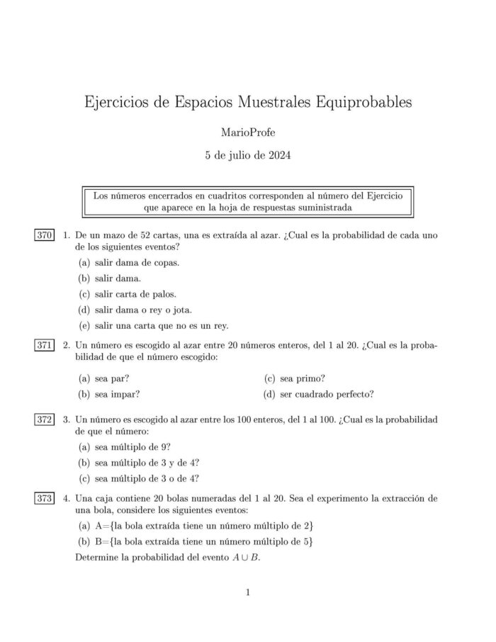 Ejercicios Resueltos de Espacios Muestrales Equiprobables Guía 1 MarioProfe