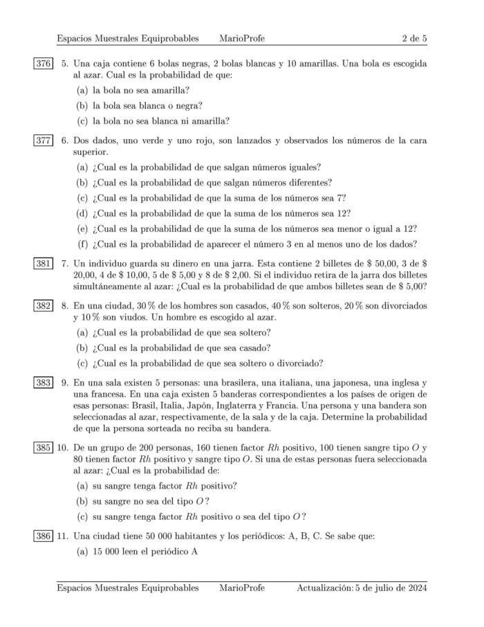 Ejercicios Resueltos de Espacios Muestrales Equiprobables Guía 2 MarioProfe