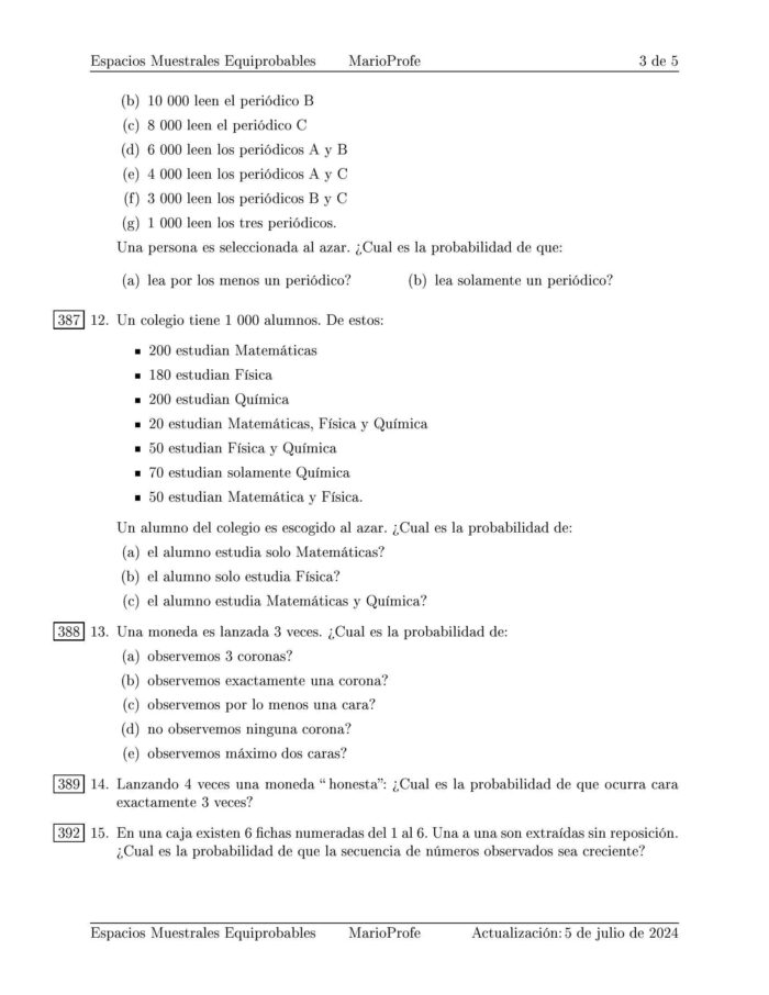 Ejercicios Resueltos de Espacios Muestrales Equiprobables Guía 3 MarioProfe