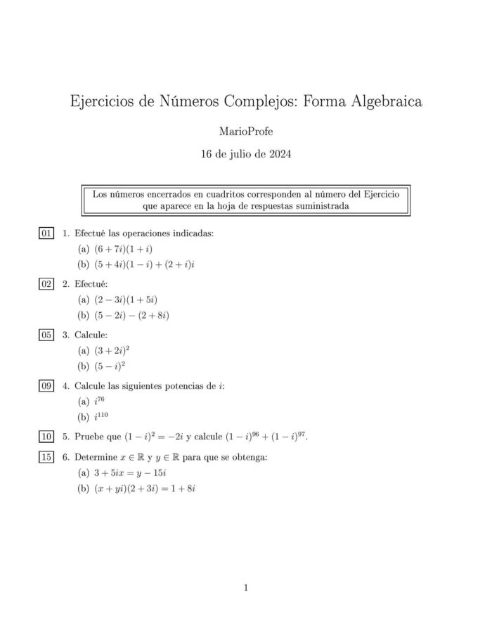 Ejercicios Resueltos de Números Complejos Forma Algebraica MarioProfe