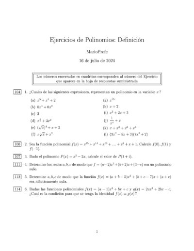 Ejercicios Resueltos de Definición de Polinomios MarioProfe