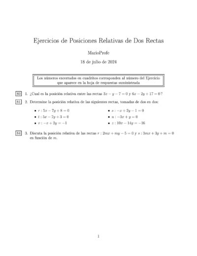 Ejercicios Resueltos de Posiciones Relativas de Dos Rectas MarioProfe