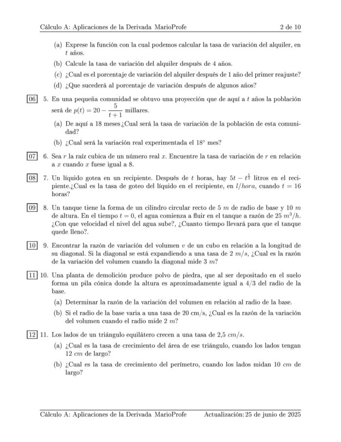 Ejercicios Resueltos de Cálculo Aplicaciones de la Derivada Guía 2 MarioProfe
