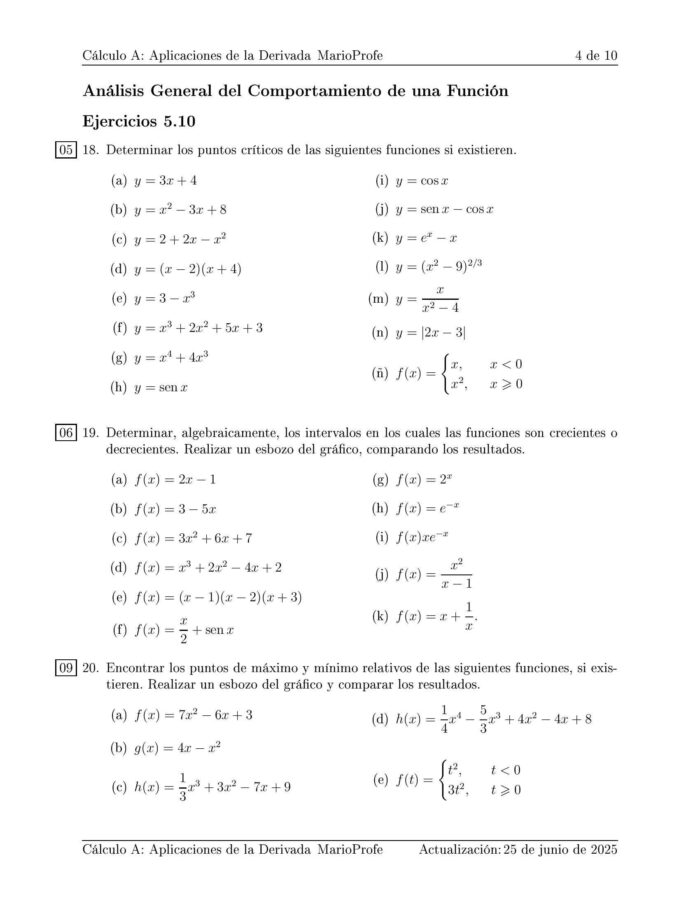 Ejercicios Resueltos de Cálculo Aplicaciones de la Derivada Guía 4 MarioProfe