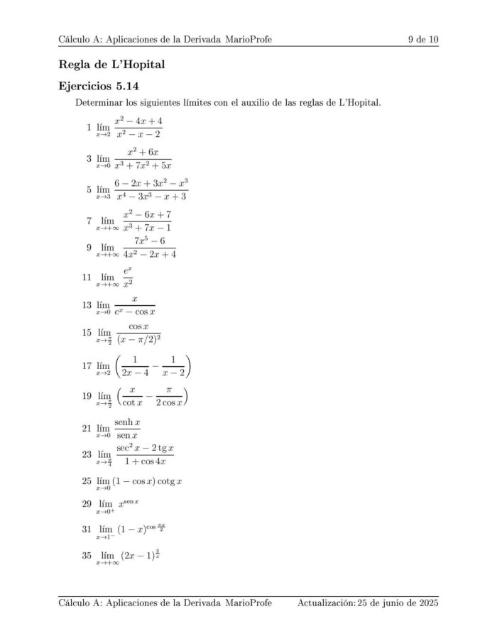 Ejercicios Resueltos de Cálculo Aplicaciones de la Derivada Guía 9 MarioProfe