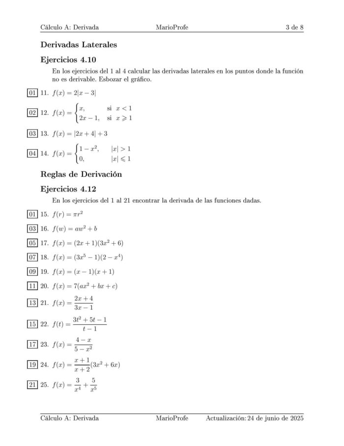 Ejercicios Resueltos de Cálculo Derivada Guía 3 MarioProfe