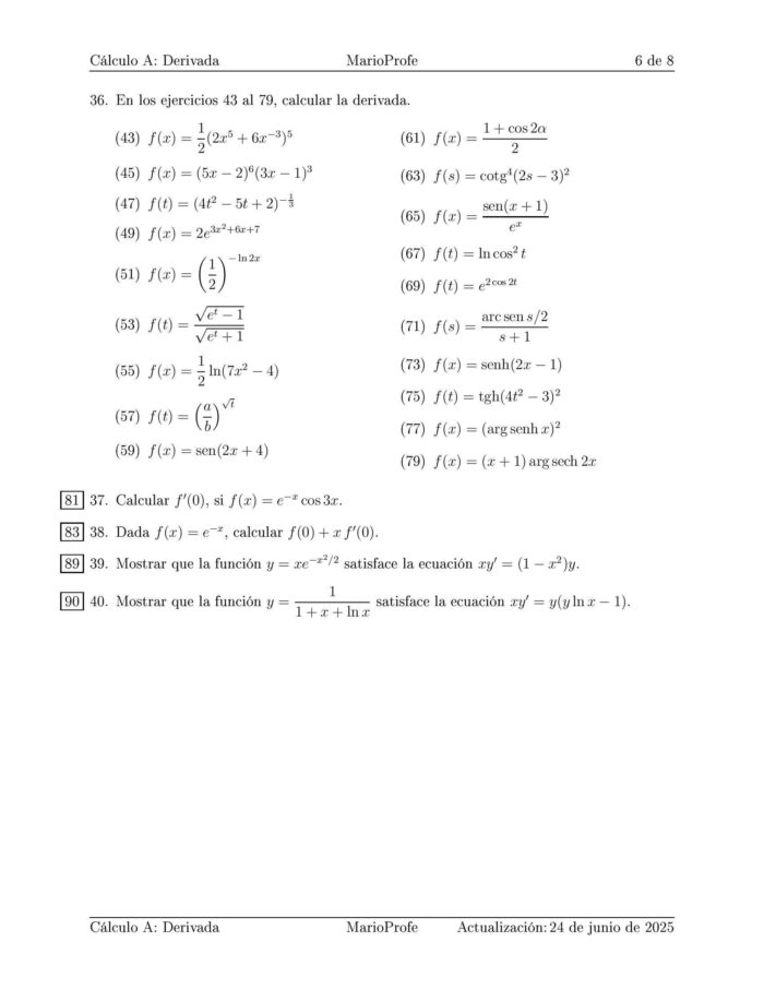 Ejercicios Resueltos de Cálculo Derivada Guía 6 MarioProfe